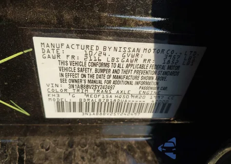 2025 Nissan Sentra S from USA, damaged, VIN 3N1AB8BV2SY242497